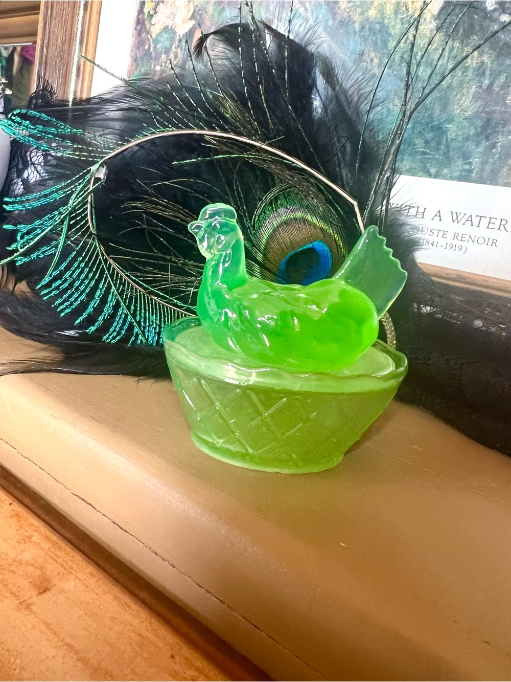 Green Mini Hen On Nest HON Handmade Poured Resin Trinket Dish 2 Pieces